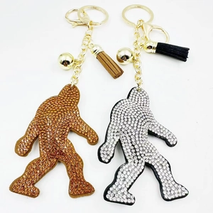 Sparkling Rhinestone Bigfoot Keychain With Faux Leather Tassel Gold Metal Key Ring Charm For Women Bag Handbag Hanging Decor Gift