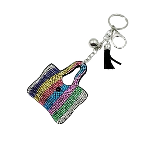 Porte-clés sac à main strass arc-en-ciel avec pompon noir et fermoir mousqueton argent