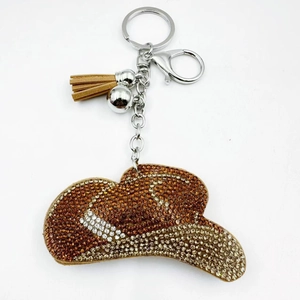 Cowboy hat keychain with crystal rhinestones, brown tassel and silver lobster clasp