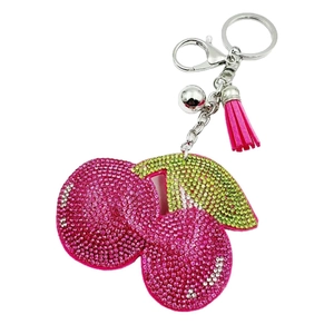 Porte-clés cerise en cristal brillant avec strass, anneau en métal, cloche et pompon