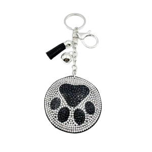 Sparkling rhinestone bear paw keychain with black tassel and silver bell for bags