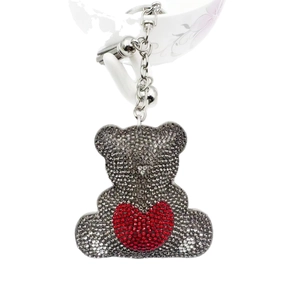 Sparkling grey crystal bear keychain with a red rhinestone heart and silver clasp
