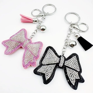 Fashion Rhinestone Bow Keychain With Leather Tassel Sparkling Crystal Bowknot Key Ring Bag Pendant For Women Accessories