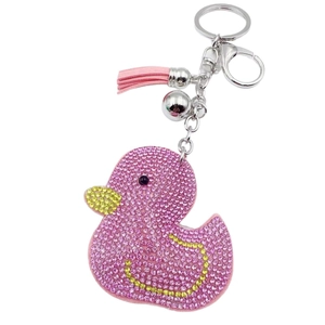 Pink rhinestone duck keychain with leather tassel and silver bell for women handbag