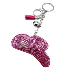 Sparkling pink denim hat keychain with rhinestones, silver lobster clasp and pink tassel