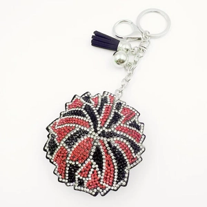 Porte-clés fleuri étincelant avec cristaux colorés et pompon bleu décoratif