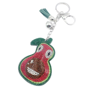 Cute sparkling crystal avocado fruit keychain with silver clasp and green leather tassel