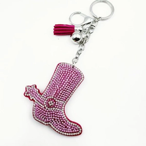 Pink rhinestone high heel boot keychain with leather tassel and silver metal keyring