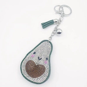 Portachiavi avocado scintillante con strass bianchi e una nappa in pelle verde chic