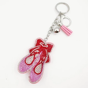 Portachiavi scarpetta da danza con strass rosa, nappa e moschettone in metallo argento
