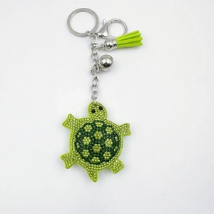 Porte-clés tortue verte étincelante avec strass, clochette argentée et pompon vert
