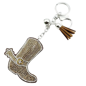 Sparkling rhinestone cowboy boot keychain with suede tassel and bell charm for handbags