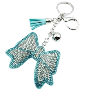 Sparkling tassel bow keychain with light blue rhinestones for women handbags