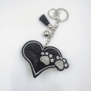 Sparkling black heart keychain with rhinestone paw print, silver tassel and metal ring