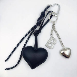 Creative PU leather heart keychain with rhinestone letter B and braided rope strap