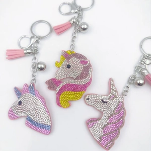 Creative Rhinestone Unicorn Keychain With Tassel And Bell Crystal Inlaid Horse Head Keyring Bag Charm For Women Gift