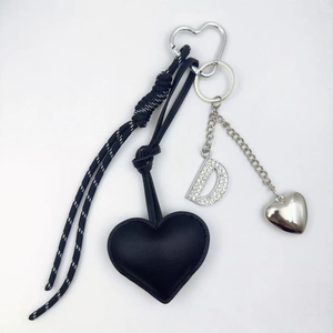 Black heart PU leather keychain with rhinestone letter D charm and woven rope