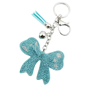 Sparkling blue crystal rhinestone bow keychain with matching tassel and bell attachment