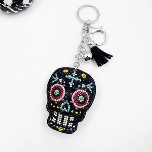Gothic Skull Keychain With Rhinestone Embellishment Artificial Leather Tassel Bell Alloy Metal Keyring Bag Charm Halloween Gift For Women Men