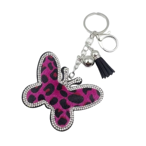 Leopard print butterfly keychain with purple rhinestones and black leather tassel