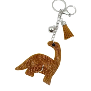 Sparkling orange dinosaur rhinestone keychain with silver metal lobster clasp and brown tassel