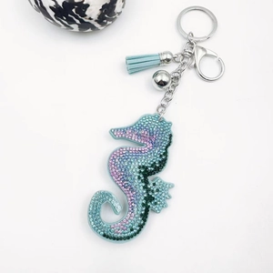 Fashion Seahorse Keychain With Leather Tassel Bell Gradient Rhinestone Studded Alloy Bag Pendant For Women Ocean Style Gift