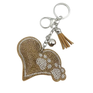 Sparkling rhinestone heart keychain with bear paw pattern and camel brown suede tassel