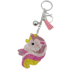 Sparkling pink unicorn keychain with crystal rhinestones, silver bell and pink tassel charm