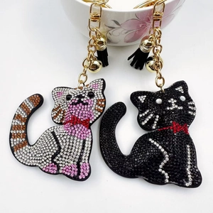 Cute Cartoon Cat Rhinestone Keychain Fashion Crystal Inlaid Kitten Bag Pendant With Tassel Bell For Women Gift Jewelry