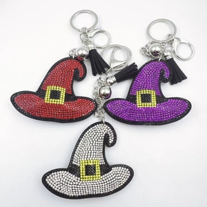 Porte-clés Chapeau de Sorcière en Strass pour Halloween Avec Gland et Clochette en Alliage de Zinc Pendentif de Sac Étincelant