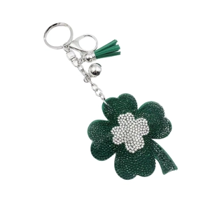 Sparkling double-sided green clover keychain with crystal rhinestones and tassel detail