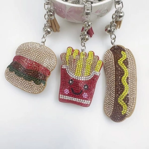 Sparkly Cartoon Food Rhinestone Keychain With Tassel And Bell French Fries Hamburger Hot Dog Bag Charm For Women Gift