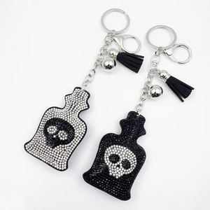 Gothic Rhinestone Skull Keychain For Halloween Alloy Sparkling Bottle Pendant Bag Accessories With Tassel Bell Jewelry