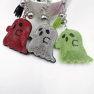 Porte-clés Fantôme d'Halloween avec Strass Incrustés Alliage de Zinc Pompon Cloche Pendentif Accessoire de Sac Femme