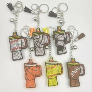 Rhinestone Tumbler Cup Keychain With Tassel Sports Baseball Football Pattern Shiny Bag Charm Key Ring For Women Jewelry