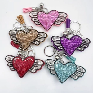 Fashion Rhinestone Heart Wings Keychain Creative Alloy Heart Wing Pendant Keyring With Tassel For Women Bag Charm Gift