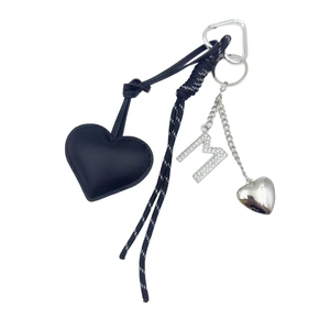 Black PU leather heart keychain with braided rope and rhinestone letter M charm