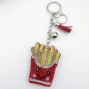 Sparkly french fries keychain with rhinestones, red leather tassel and silver bell