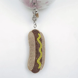 Sparkling rhinestone hot dog keychain with leather tassel for bags and accessories