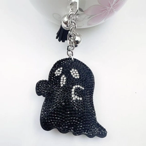 Porte-clés fantôme Halloween avec strass noirs, clochette argentée et long gland noir