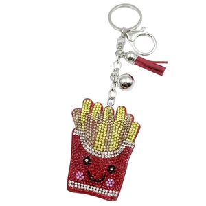 Creative rhinestone french fries keychain with red leather tassel and silver bell decoration
