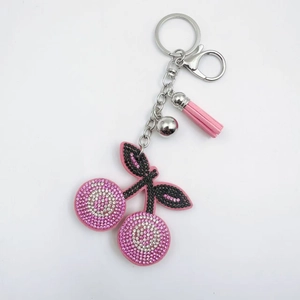 Pink rhinestone cherry keychain with tassel and silver bell for bags and keys