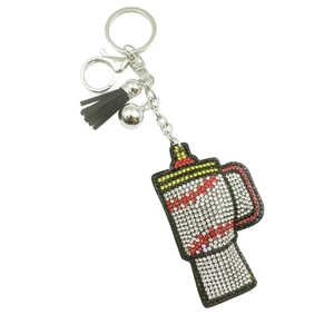 Sparkling rhinestone tumbler keychain with red baseball stitching design and black tassel