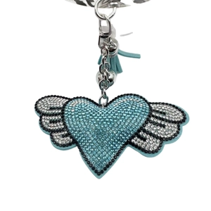 Blue rhinestone winged heart keychain with tassels and double bells on a silver chain