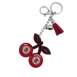 Red cherry rhinestone keychain with stylish leather tassel and silver metal ring