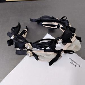 French Vintage Satin Bow Knot Hair Band Mesh Gauze Faux Artificial Pearl Rhinestone Headband Elegant Hair Hoop For Women Accessories