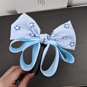 Elegant Satin Bow Banana Hair Clip For Women Floral Print Hair Claw With Artificial Pearls Sweet Hair Accessories Vertical Hair Clip