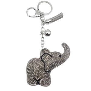 Porte-clés éléphant orné de strass gris avec pompon en cuir et anneau argenté