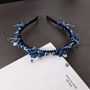 Exquisite headband with deep blue crystal beads, pearls and crystals on a non-slip frame