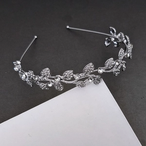 Exquisite silver vine leaf bridal tiara with sparkling rhinestones and metal finish